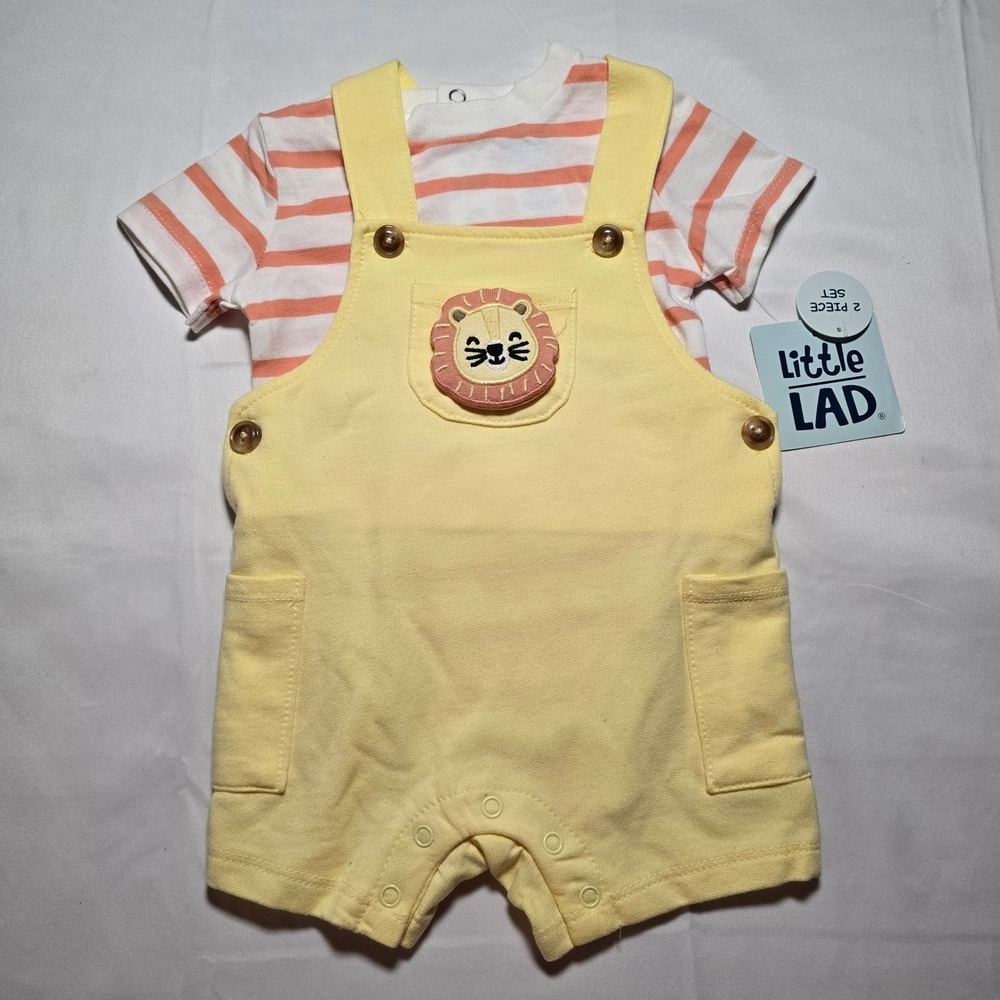 Little Lad Baby Boys 6-9m Yellow Lion Overalls and Striped Bodysuit outfit NWT